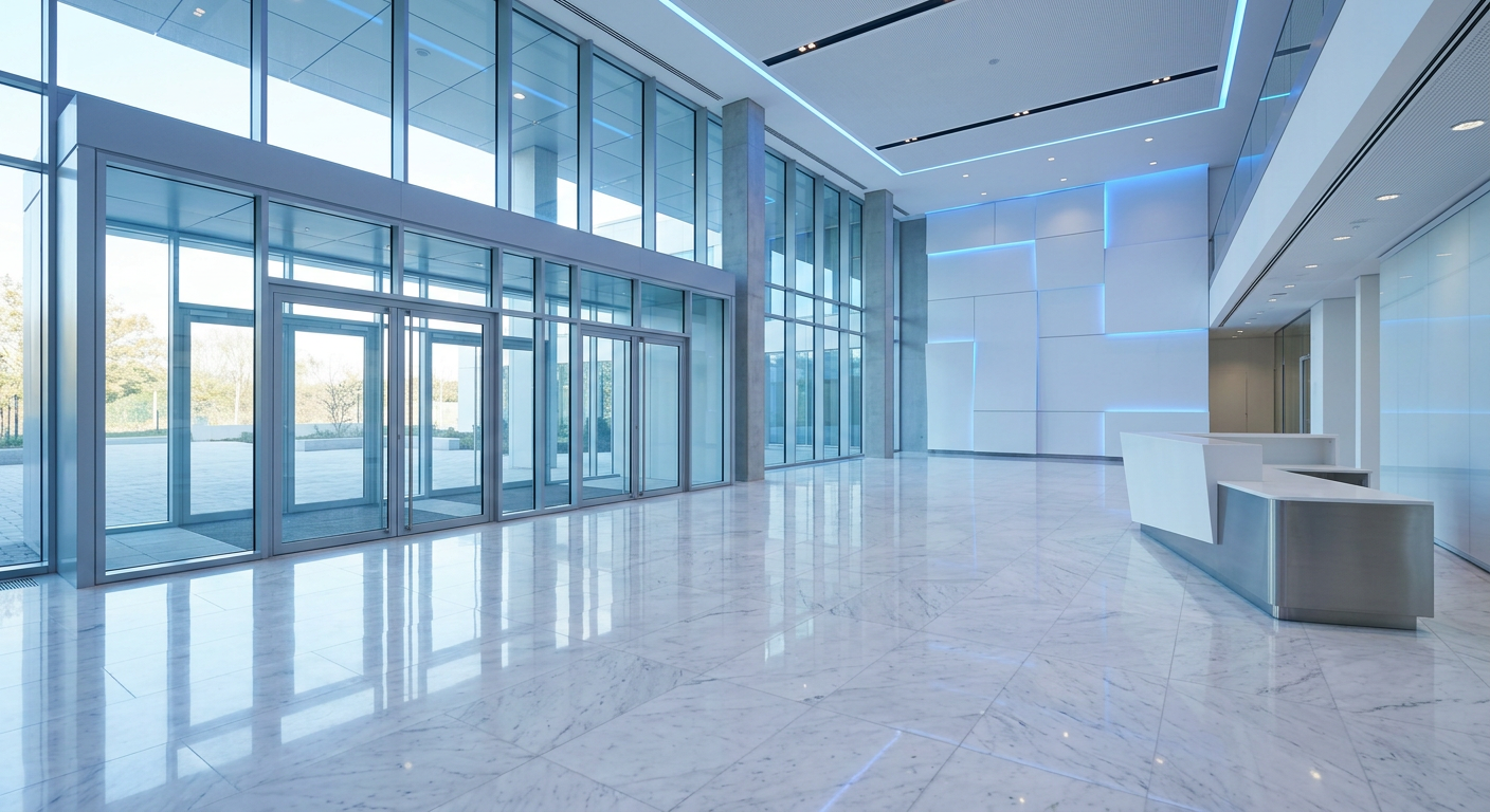 Immaculate building lobby with polished, reflective floors and clean glass doors