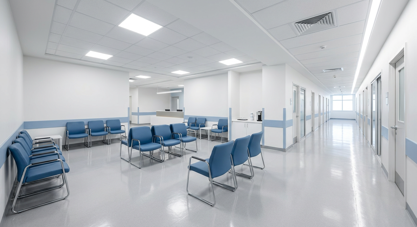 Clean, bright medical clinic waiting area and corridor