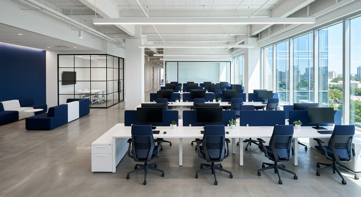Spotless open-plan office with clean desks and bright daylight